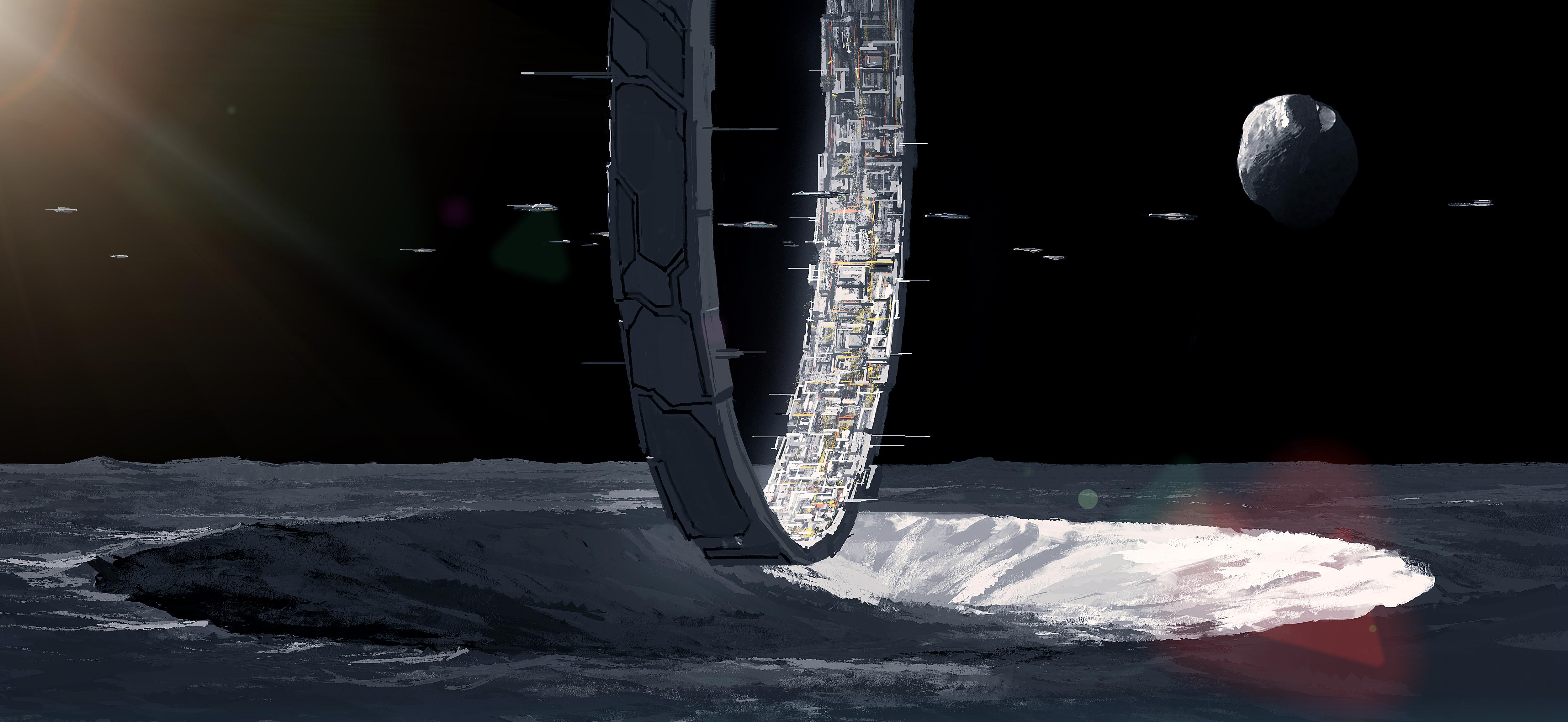 A futuristic city skyline at dawn with innovative transportation systems